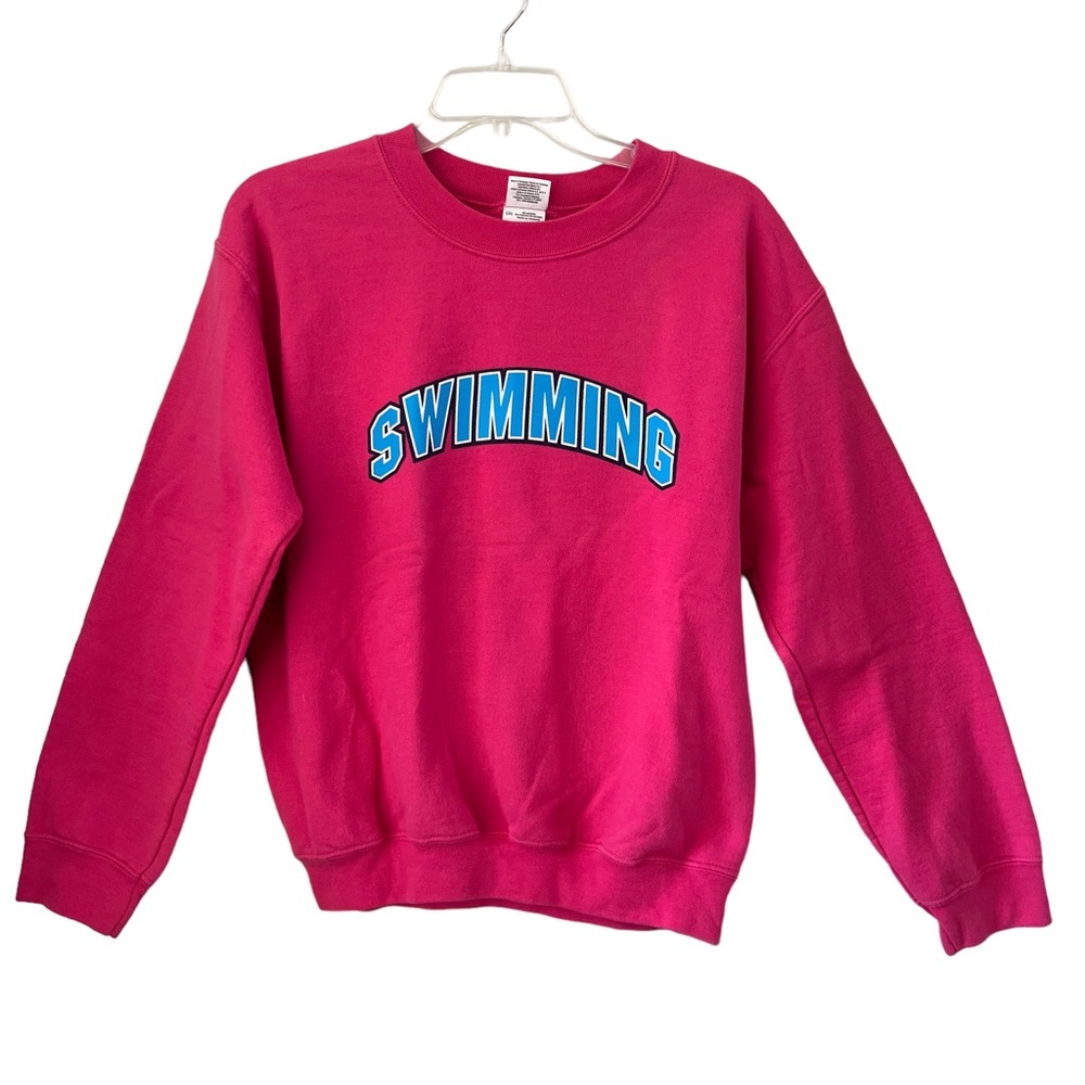 Gildan Swimming Pink Sweatshirt Small Cotton/Polyester Blue Writing Swim